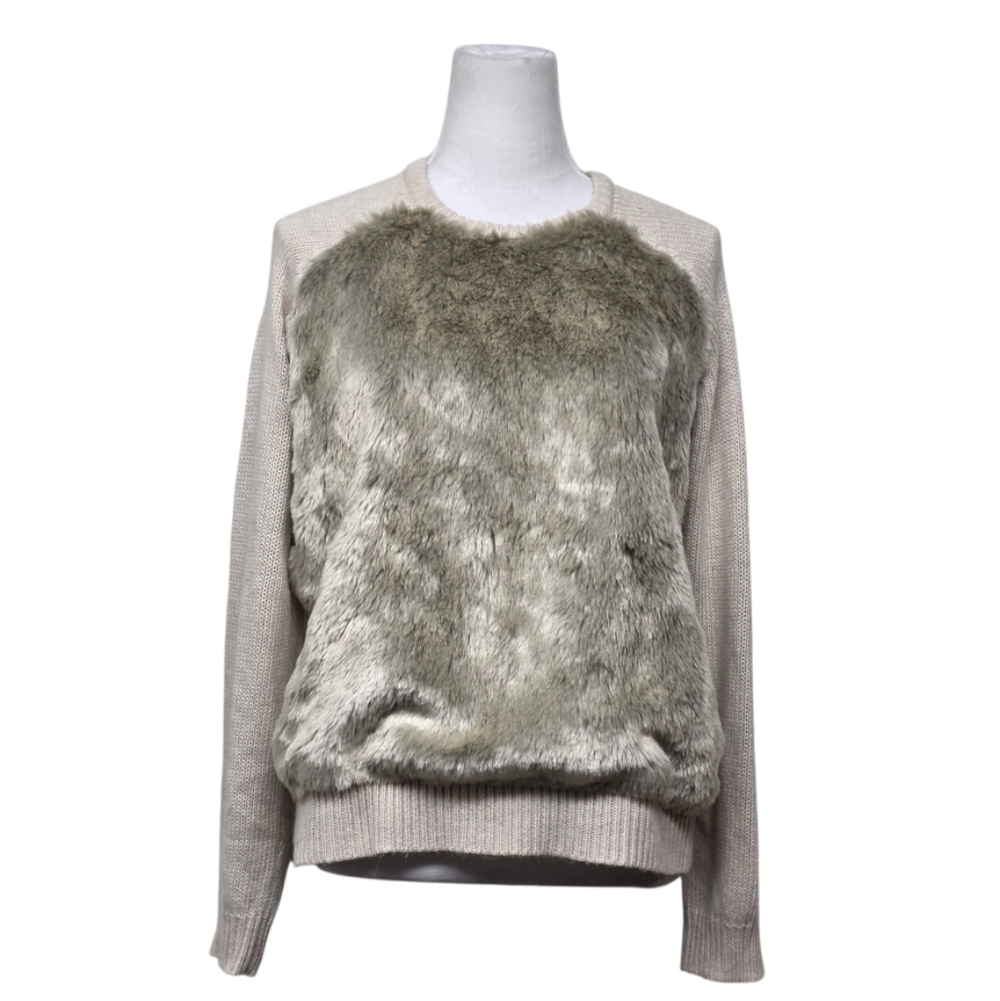 Topshop Faux Fur Panel Sweater - Cream and Gray Size 10